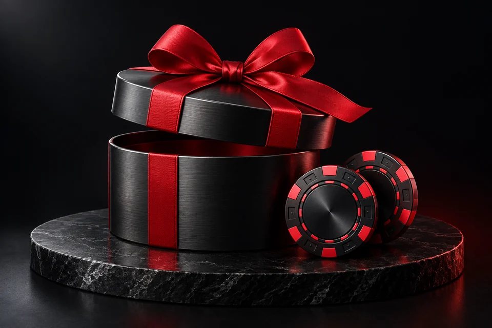 Rode metalen cadeauverpakking met zwarte casinofiches